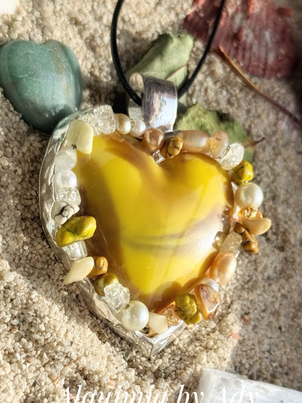 BRUTALIST Yellow Heart Pendant Necklace Mixed gemstone 💎 Accent & BLACK CORD